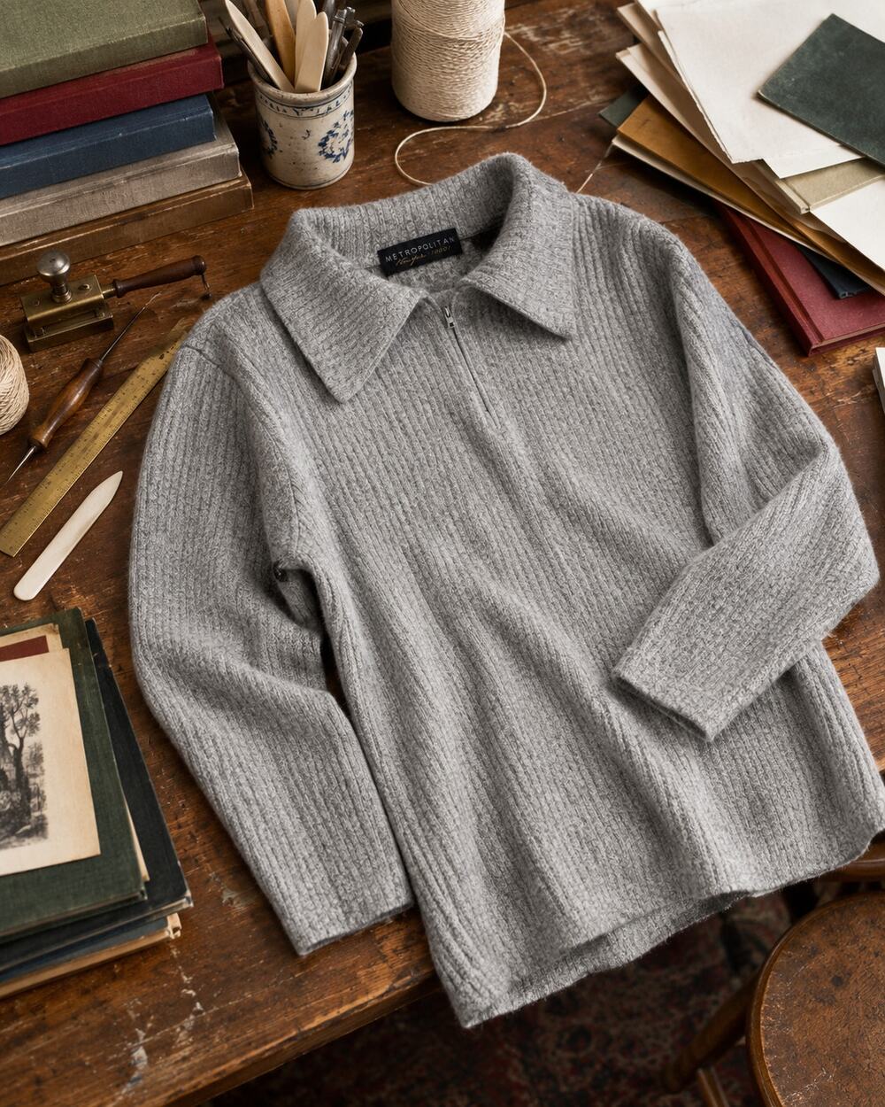 Metropolitan New York Gray Ribbed Collared Tunic Sweater